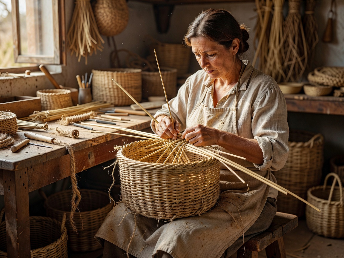 Hands weaving natural fiber into a useful everyday container in a bright workspace