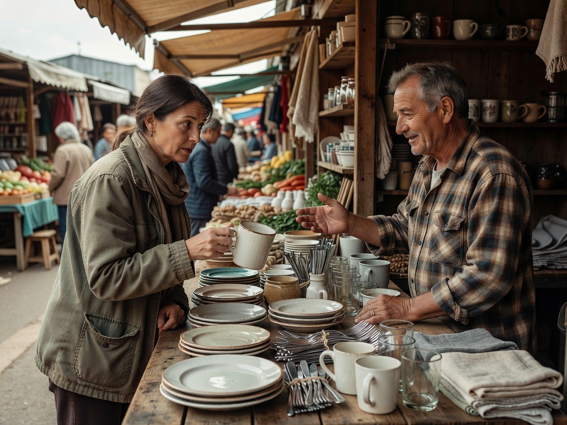 A shopper talking with a market seller while examining an everyday household item