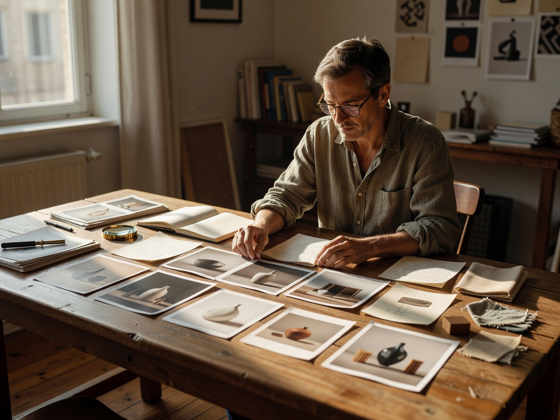 An editor reviewing product notes and photographs at a sunlit work table