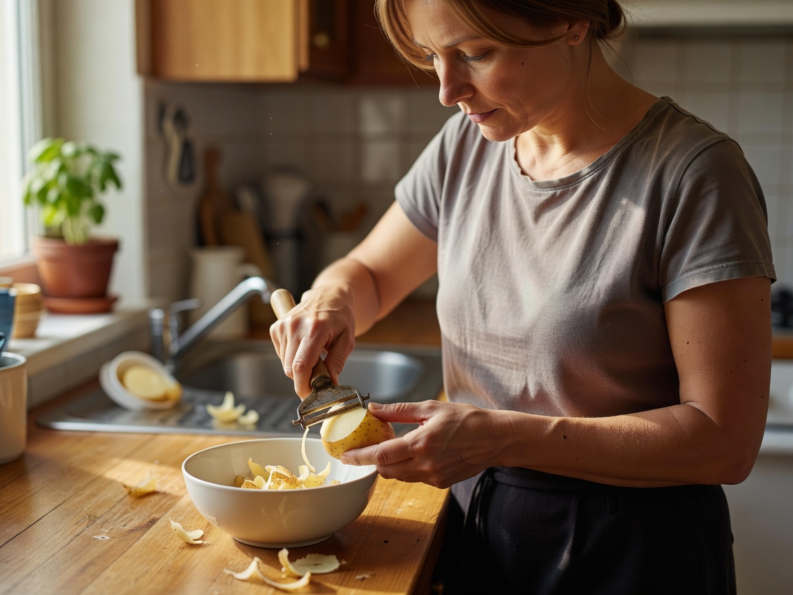 A person using a practical hand tool during an everyday household task