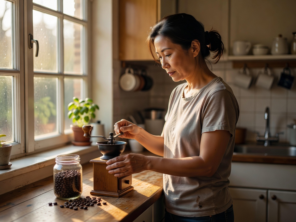 A person using an everyday household object beside a sunlit kitchen window