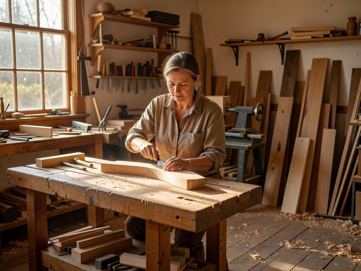 A craftsperson working at a naturally lit neighborhood workshop