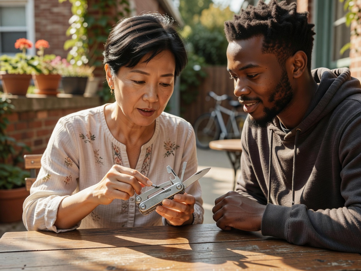 Two people sharing details about a useful object at a bright neighborhood table